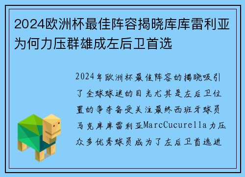2024欧洲杯最佳阵容揭晓库库雷利亚为何力压群雄成左后卫首选 2024欧洲杯最佳阵容揭晓库库雷利亚为何力压群雄成左后卫首选